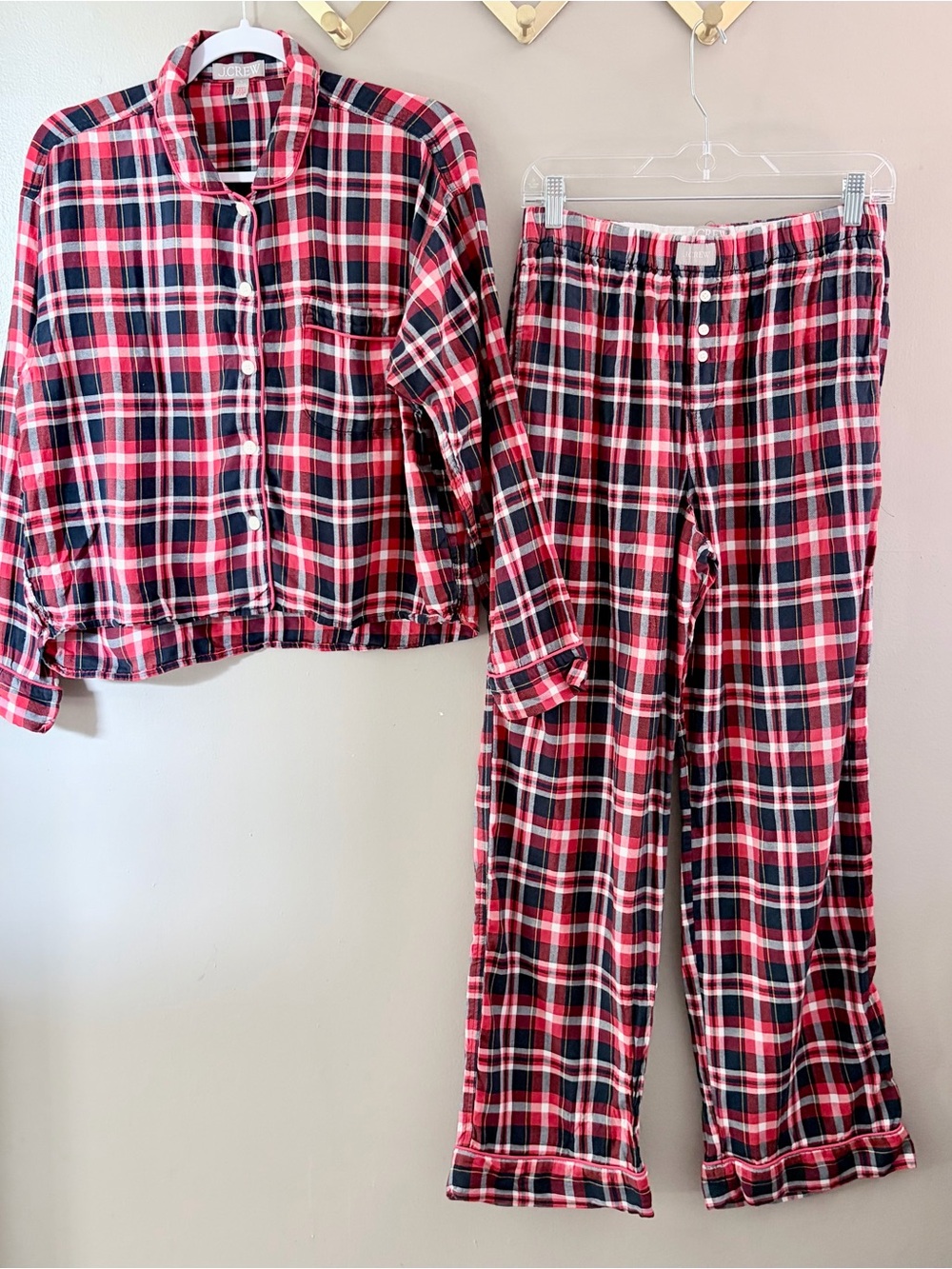 J.Crew Plaid Pajama Flannel Set Women Small Red Navy Blue Cotton NWOT